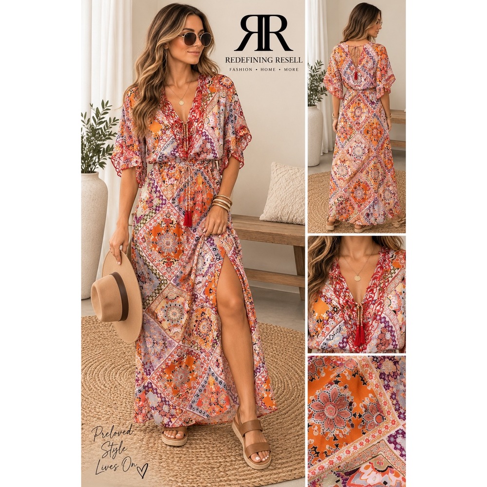 Jade by Johnny Was Silk Maxi Dress XS Patchwork Floral Orange Purple L31419-D